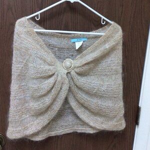 Marciano Cream Knit Poncho fluffy bolero wool blend, gold lurex, M-L